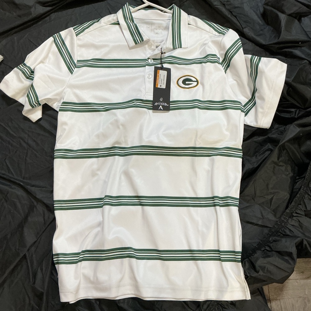 Antigua White and Green Striped Polo Shirt